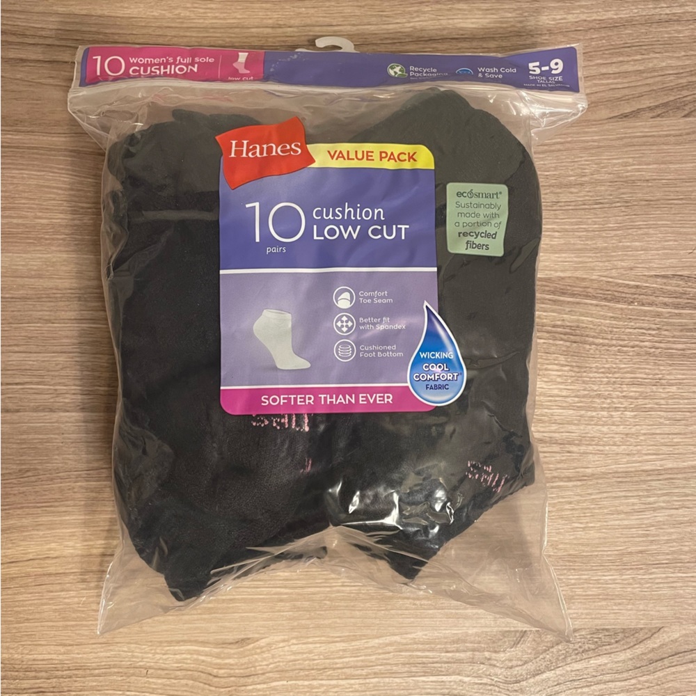 Hanes Women's Socks Black 10 Pairs Value Pack Cushion Low Cut Ankle Size 5-9